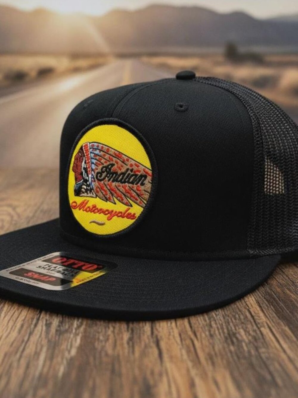 Indian Motorcycles Patch Black OTTO Snap Flat Bill Snapback Trucker Hat New 70s